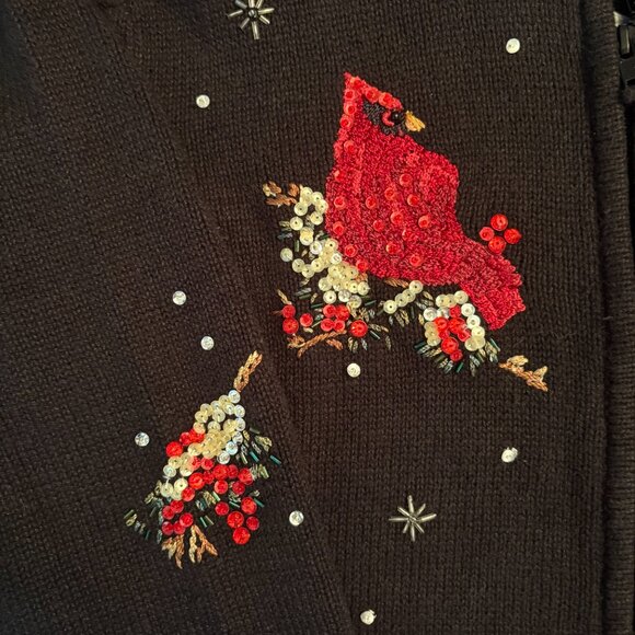 VTG Ugly Christmas Cardigan Sweater Sequined Cardinal Birds Beaded Sz XL Birder - Picture 11 of 12